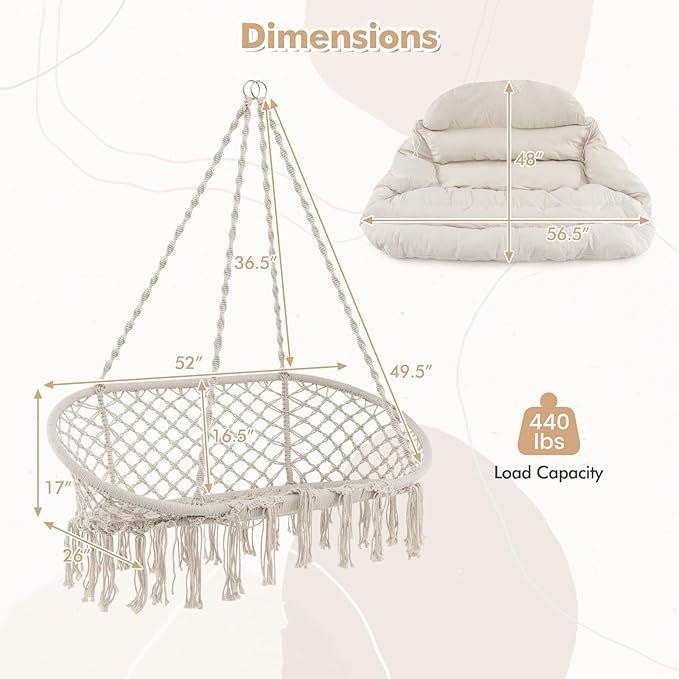 Tangkula 2-Person Hanging Hammock Chair, Boho Style Macrame Hammock Swing - Image 7