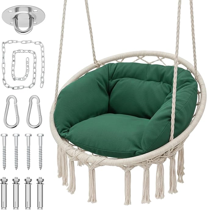 Monibloom Hanging Hammock Chair w/Dark Green Cushion, Porch Macrame Swing Chair by Monibloom