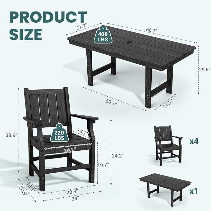 Pamapic 5-Piece Outdoor Dining Set, HDPE Outdoor Rectangular Table and 4 Chairs - Image 8