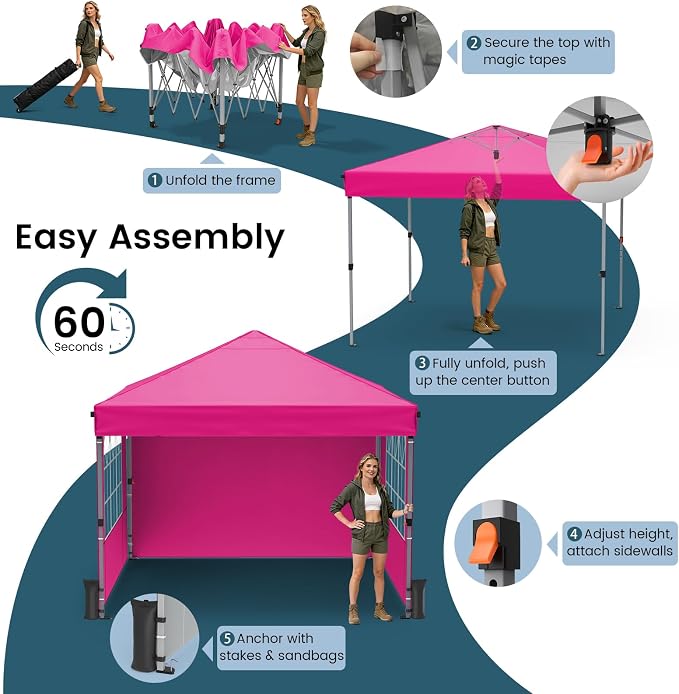 Pop Up Canopy Tent with Sidewalls, 10x10ft 10 Person Party Tent One Push Setup - Image 4