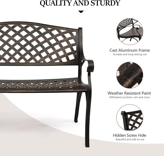 VINGLI 40.5" Patio Garden Bench, Anti- Rust Cast Iron Cast Aluminum Frame - Image 5