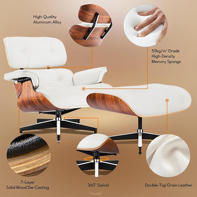 Top Grain Leather, Mid Century Chaise Lounge Chair and Ottoman, Modern Chair - Image 6