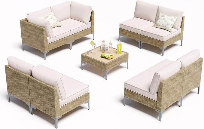 9 Piece Wicker Patio Furniture Set, Outdoor Conversation Sectional Sofa - Image 8