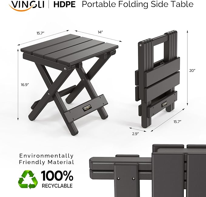 VINGLI Small HDPE Folding Side Table, Plastic Waterproof Portable Adirondack - Image 2