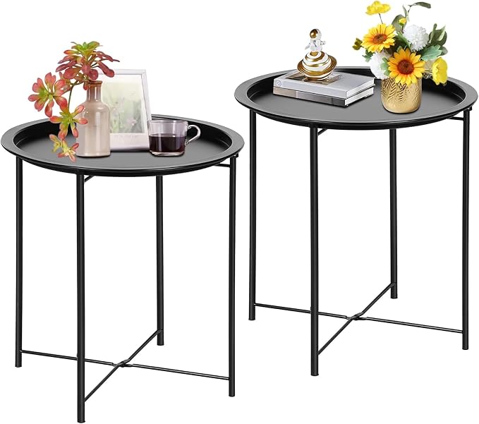VECELO Side/End Table, Folding Round Metal Anti-Rust and Waterproof Outdoor or by VECELO