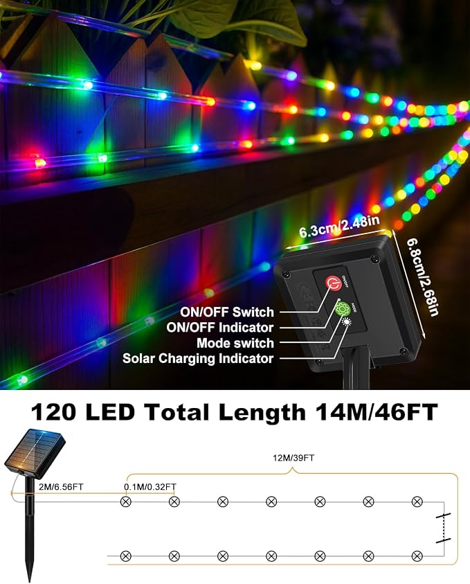 btfarm 2 Pack Solar Rope Lights Outdoor, 120LED 46FT Solar String Lights - Image 6