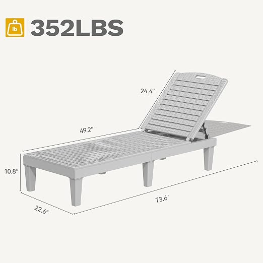 DWVO Outdoor Plastic Chaise Lounger, Poolside Lounge Chair w/5-Position - Image 3