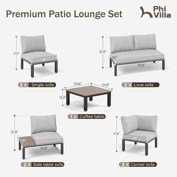 PHI VILLA 9 Pieces Outdoor Patio Furniture Set, Metal Frame Modern Outdoor - Image 8