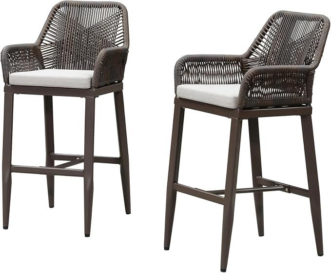 PURPLE LEAF Outdoor Wicker 29" Bar Stools Set of 2, Boho Patio Bar Height Chair by PURPLELEAF