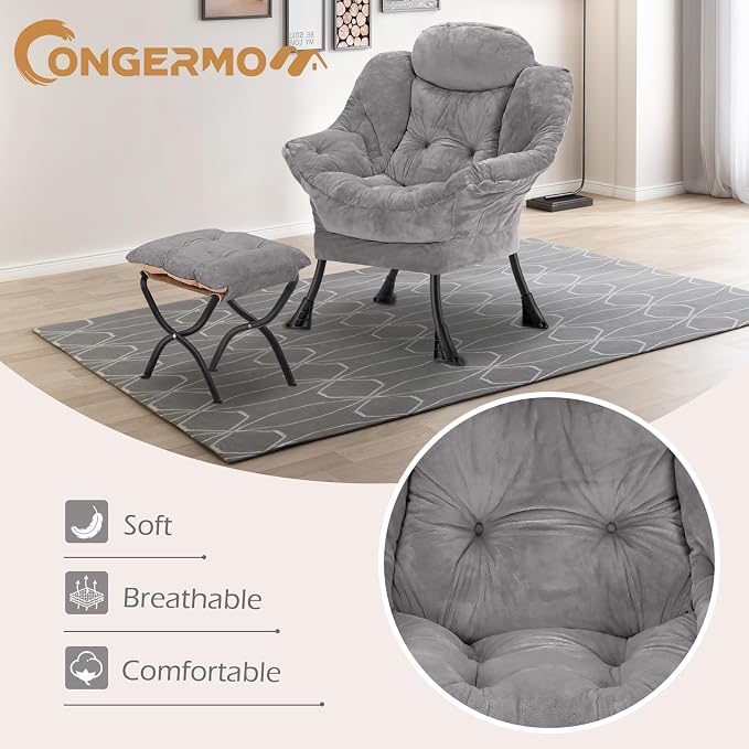 Lazy Chair with Folding Ottoman, Leisure Sofa Chair, Soft Fabric Armchair with - Image 4