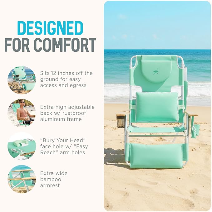 Ostrich Deluxe 3N1 Padded Beach Chair w/ Face Cushion & Arm Holes, Teal - Image 5