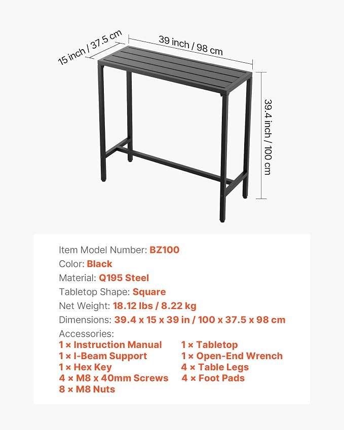 VEVOR Outdoor Bar Table, 39.4 x 15 in Patio Bar Table, Waterproof Top & Sturdy - Image 3