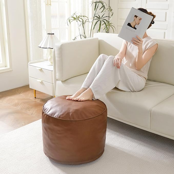 HIGOGOGO Round Stuffed Pouf Ottoman, Pu Leather Poufs - Image 7