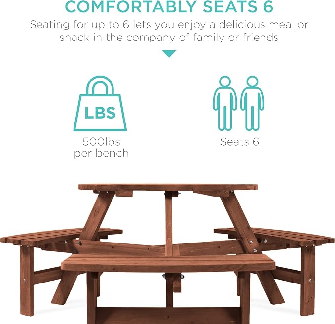 Best Choice Products 6-Person Circular Outdoor Wooden Picnic Table - Image 4