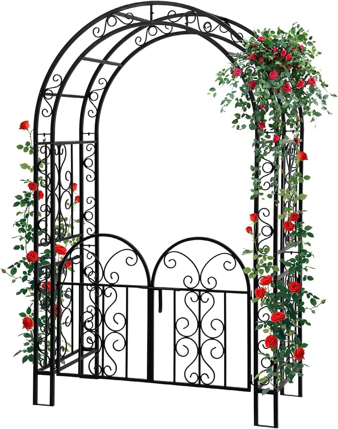 Garden Arch with Gate 83 Inches Tall, Heavy Duty Metal Iron Arbor by Hitgrand