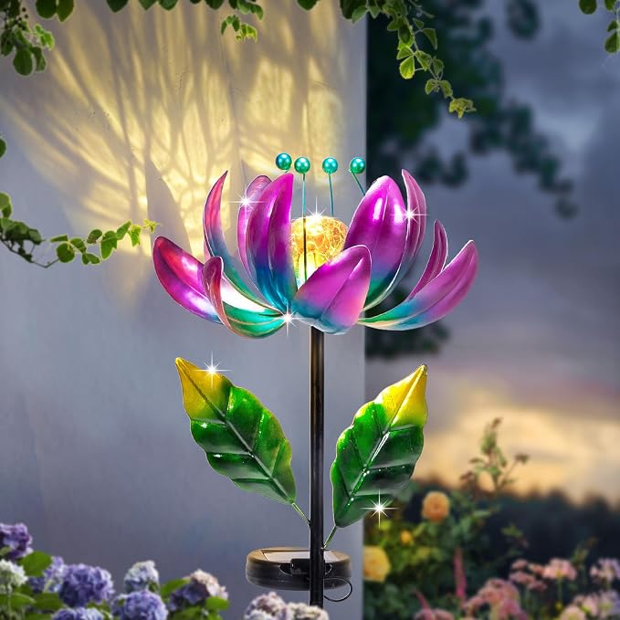 Solar Purple Metal Flower Wind Spinners, Colorful Spinning Windmill Lotus Yard - Image 7