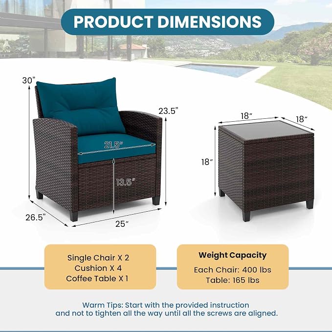 Tangkula 3 Pieces Patio Furniture Set, PE Rattan Wicker 3 Pcs Outdoor Sofa Set - Image 8