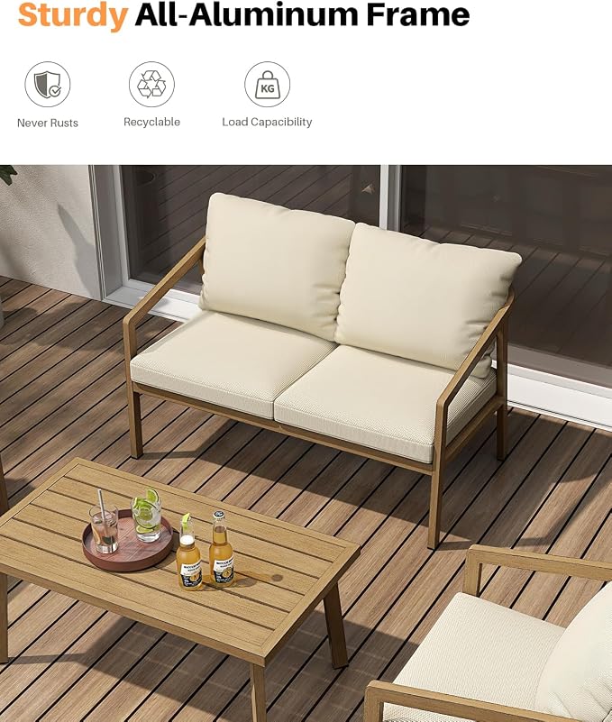 Teak Outdoor Patio Loveseat, Never-Rust Aluminum Outdoor Loveseat Couch - Image 5