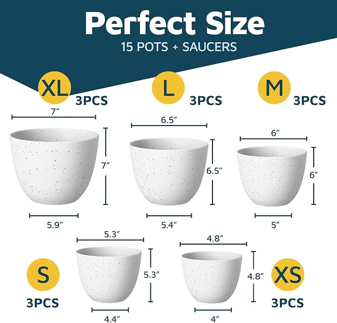 White Gray Plant Pots with Drainage Holes & Saucers 15 Pack, Indoor & Outdoor - Image 2