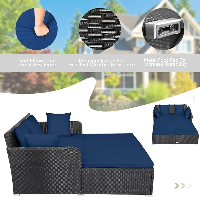 HAPPYGRILL Patio Rattan Daybed Outdoor Loveseat Sofa Set - Image 7