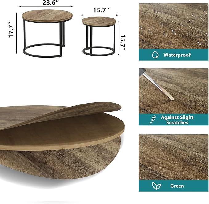 Smuxee Nesting Coffee Table Set of 2, 23.6" Round Coffee Table Wood Grain Top - Image 2