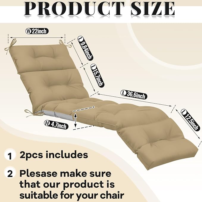 Kigley 2 Pcs Chaise Lounge Cushions 75 x 22 x 5 Inches Soft Brown Lounge Chair - Image 2