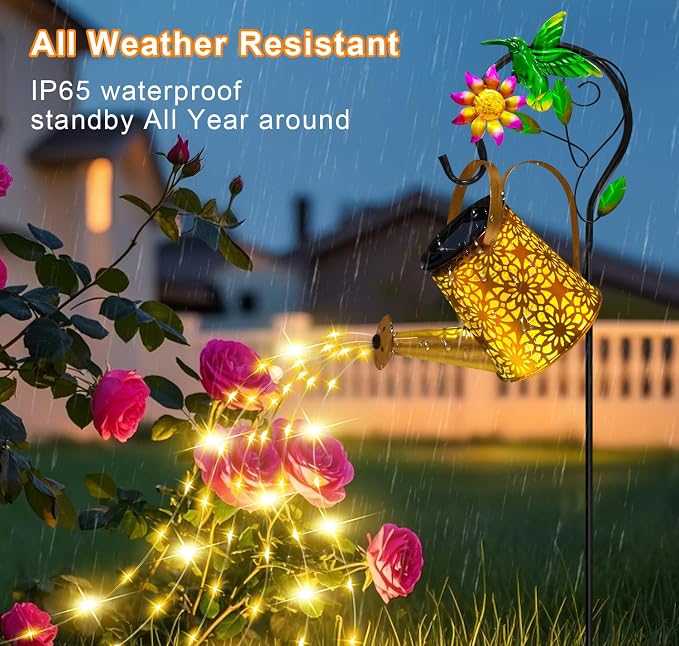 Solar Metal Watering Can with Hummingbird Shepherd Hook and Cascading Lights - Image 3