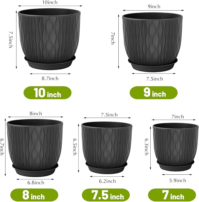 Plastic Plant Pots 10/9/8/7.5/7 inch Set of 5, Flower Planters - Image 2