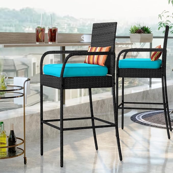 Sundale Outdoor Wicker Bar Stool Set of 2, Patio Counter Height Pub Chair - Image 2