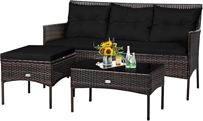 Tangkula 3 Pieces Patio Conversation Set, All Weather Outdoor PE Rattan Wicker by TANGKULA