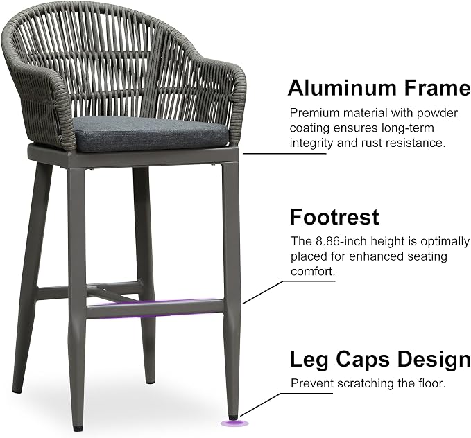 PURPLE LEAF Outdoor Bar Height Stools Set of 2 Patio Metal Modern Wicker Rattan - Image 4