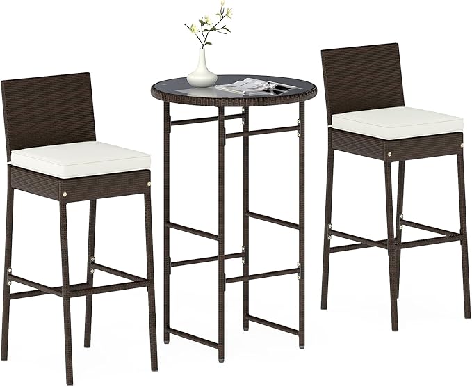 Tangkula 3 Piece Outdoor Bar Set, Patio Rattan Bar Height Heavy Duty Metal by TANGKULA