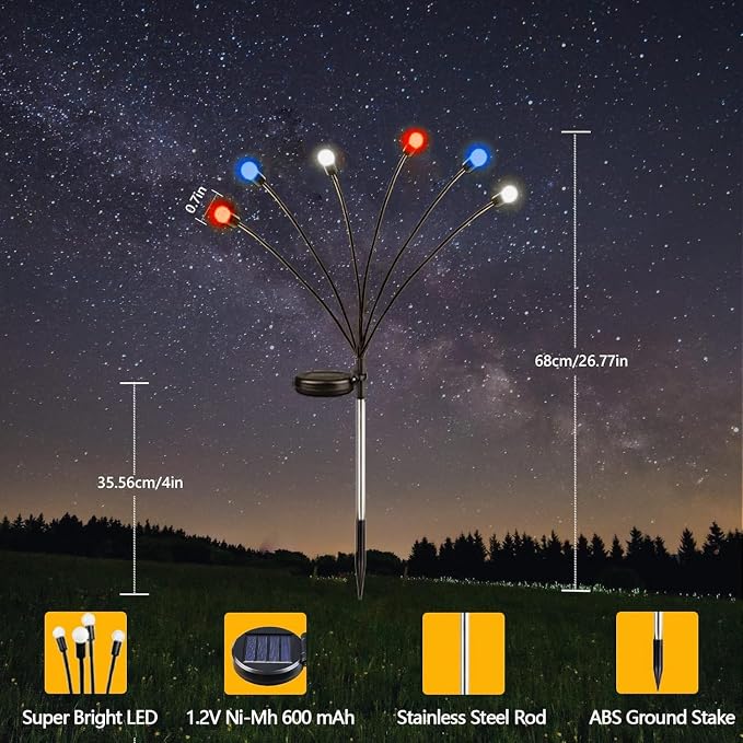 4th of July Decorations, 6 Pack Solar Firefly Lights Outdoor, 36 LED Waterproof - Image 7