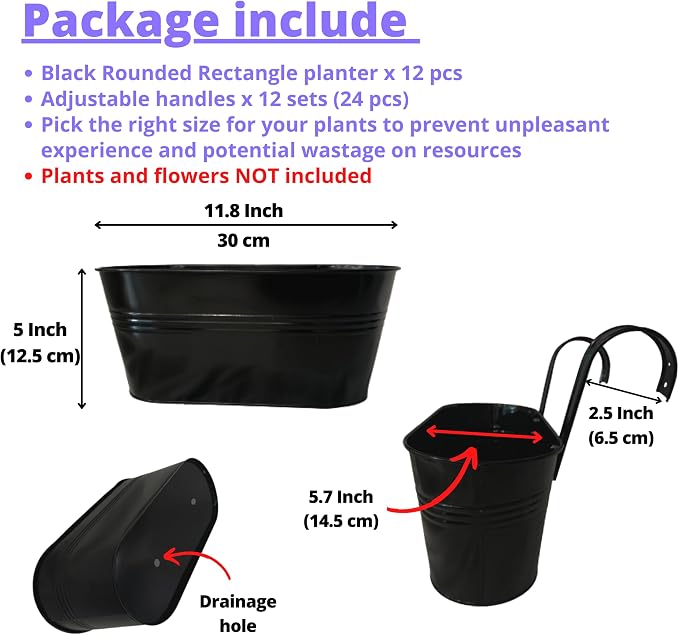 LaLaGreen Rail Planter Outdoor Plants Black Metal Iron Hanging Flower Pots Deck - Image 2