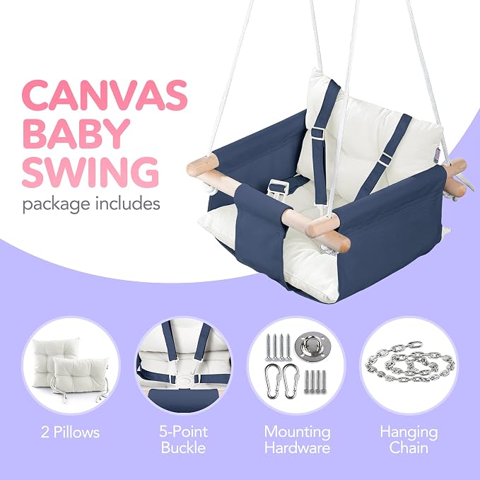 CaTeam - Canvas Baby Swing, Wooden Hanging Swing Seat Chair - Image 3