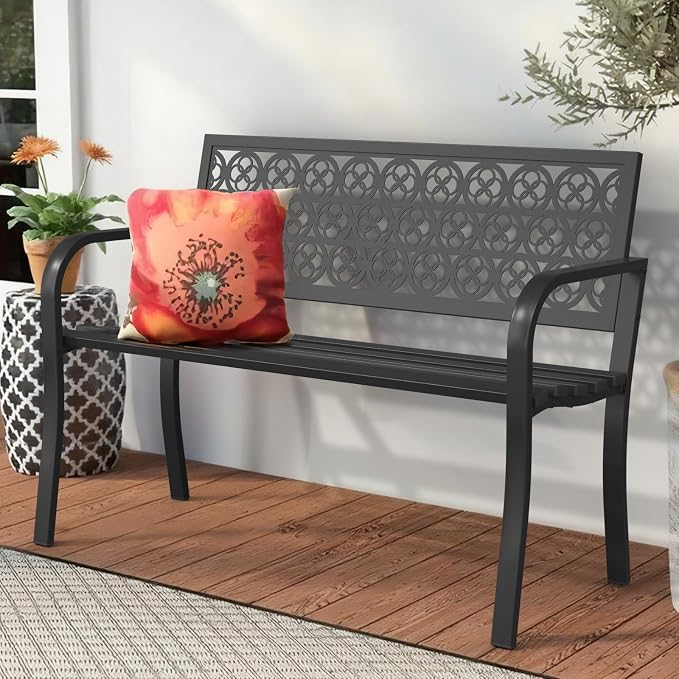 44" Outdoor Garden Bench, Iron Metal Frame Patio Bench - Image 4