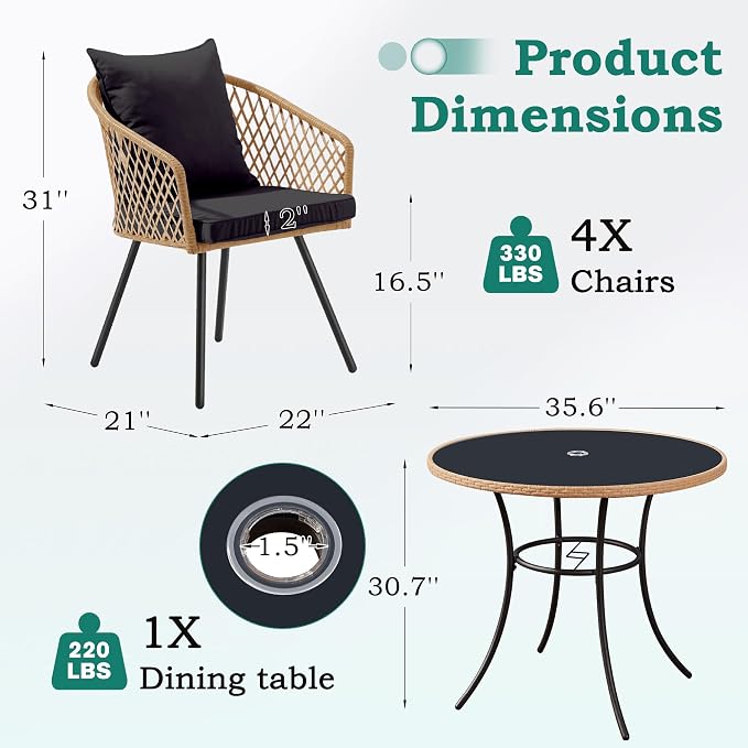 ECOTOUGE 5 Piece Patio Dining Set, Wicker Outdoor Furniture Set w/Glass Round - Image 5