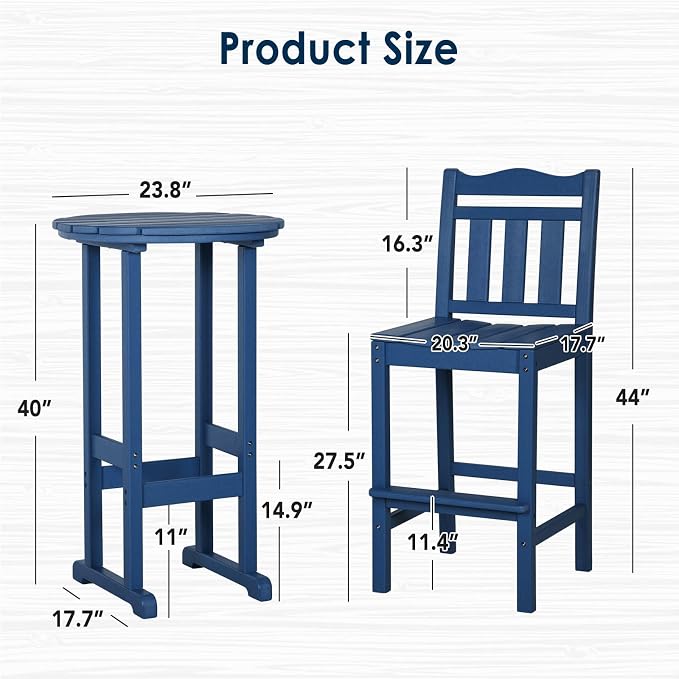 nalone Outdoor Bar Chairs and Table Set, HDPE Balcony Adirondack Chairs and - Image 3