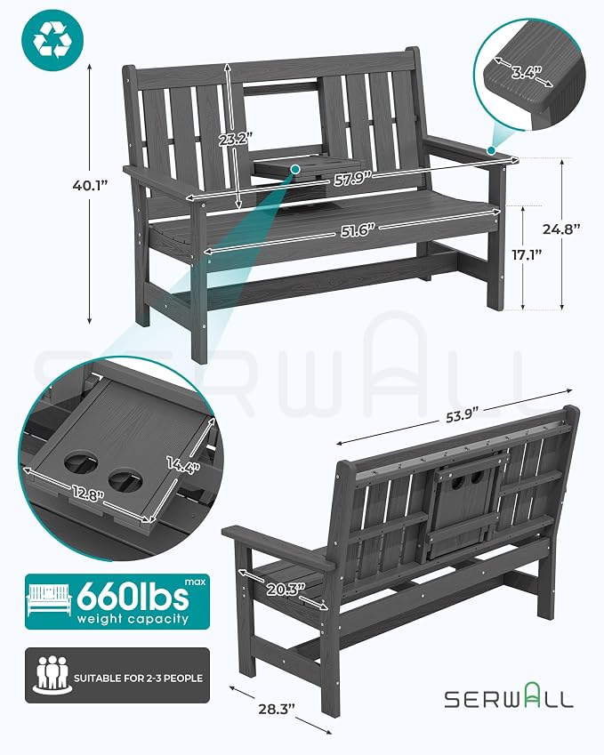 SERWALL Outdoor Bench with Cup Holder, All Weather Patio Benches with High - Image 2