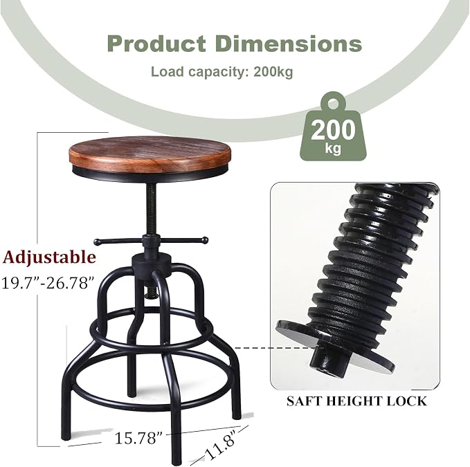 LOKKHAN Vintage Industrial Bar Stool-Rustic Swivel Barstools-Round Wood Metal - Image 3