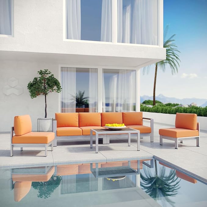 Modway Shore 5-Piece Aluminum Outdoor Patio Sectional Sofa Set in Silver Orange - Image 2