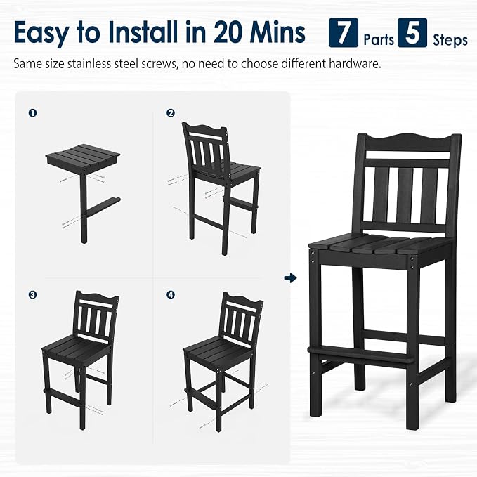 nalone Outdoor Bar Chairs and Table Set, HDPE Balcony Adirondack Chairs and - Image 6