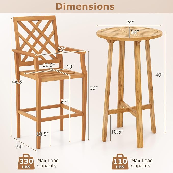 Tangkula 3 Piece Patio Bar Set, Teak Wood Bistro Furniture - Image 4