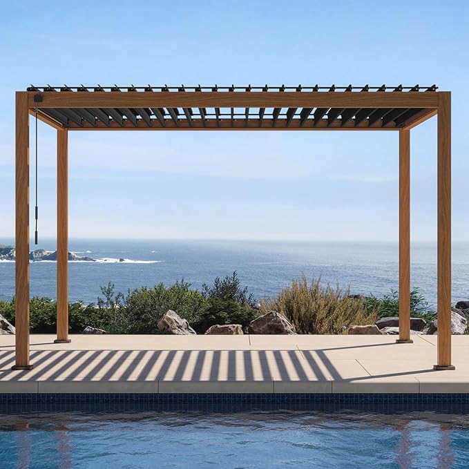 MIRADOR 111S Takasho Louvered Pergola 10x13 Wood Grain Outdoor Aluminum Pergola by Mirador