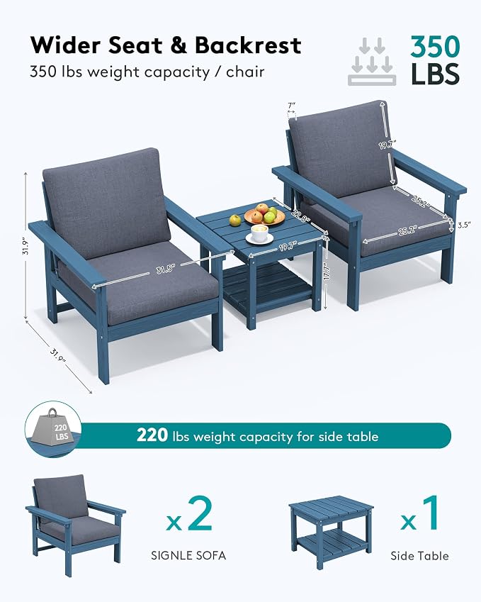 SERWALL HDPE Patio Sofa Set, 3-piece Sectional Outdoor Furniture Set, All - Image 2