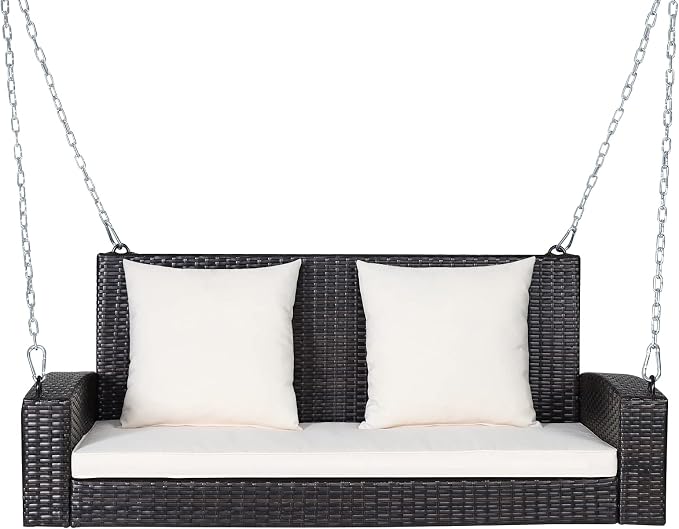 RELAX4LIFE Porch Swing 2-Seat Patio Rattan, Wicker Porch Swings Outdoor W/Two by RELAX4LIFE