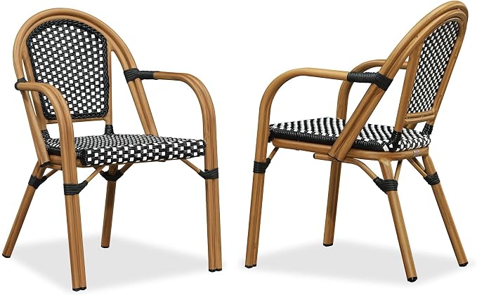 PURPLE LEAF French Bistro Chairs Set of 2 Aluminum Wicker Rattan Hand-Woven by PURPLELEAF