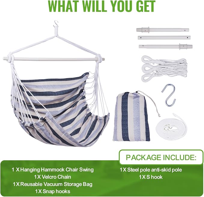Backyard Expressions Striped Hammock Chair Hanging Rope Swing Chair, Anti Slip - Image 6