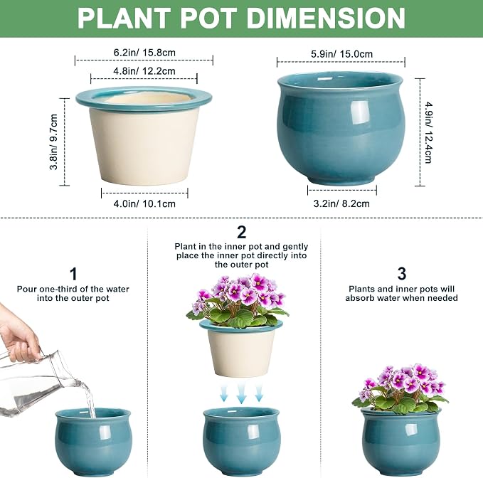 African Violet Pots 6 Inch, Ceramic Self Watering Pot - Image 2