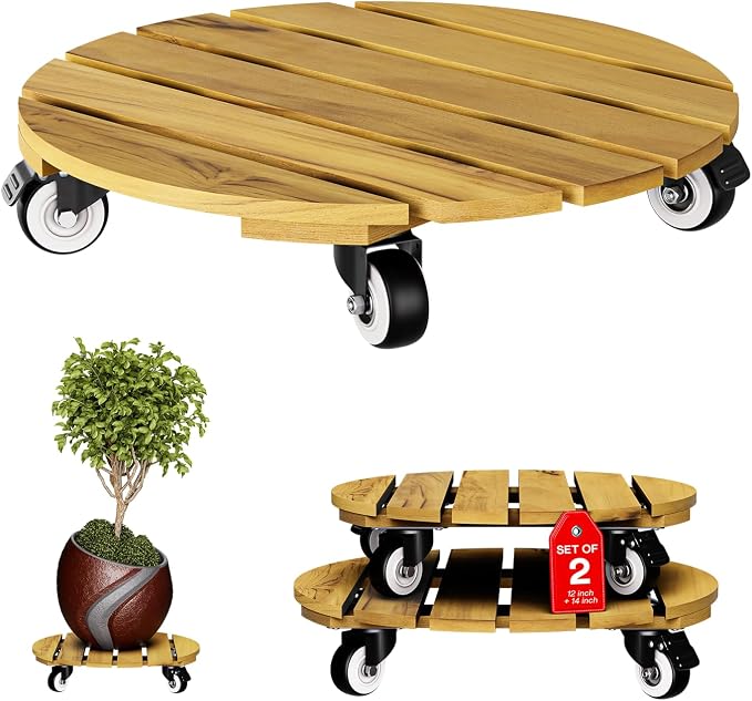 Idzo Combo 12 Inch and 14 Inch Acacia Wood Rolling Round Planter Caddies by Idzo